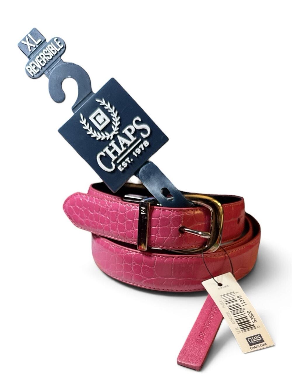 Chaps Ralph Lauren NWT Reversible Croc Embossed Belt Pink/Black Silver Buckle XL